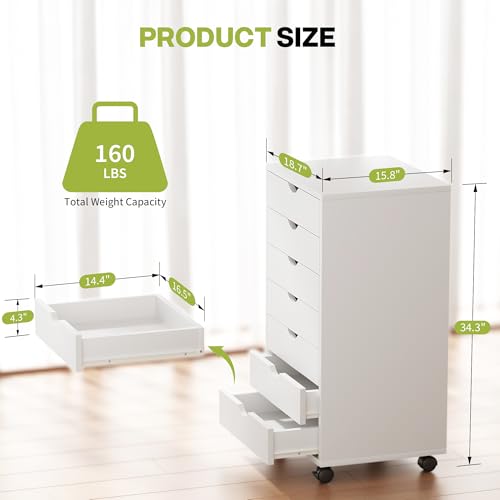 Image of 7 Drawer Chest, Storage Cabinet Dressers with Wheels, Dressers Storage Cabinets, Dresser Mobile Cabinet with Wheels, Room Organizer, Small Drawers Wood Organization Furniture for Office, Home, White