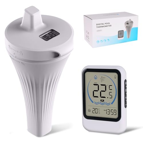 2025 Verbessertes Poolthermometer Digital Funk, IPX7 Wlan Schwimmende Wasserthermometer Mit Indoor Temperatur LCD Monitor für 80m Reichweite,Badethermometer für Eisbad, Pools, Whirlpools, Spas