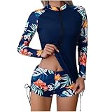 Damen Badeoutfit Langarm Mit UV-Schutz Zweiteiliger Badeanzug Mit Blume-Druck Slim Fit Schwimm-Shirt Und Shorts Sonnenschutz Swimwear Für Frauen (01-blue, XL)