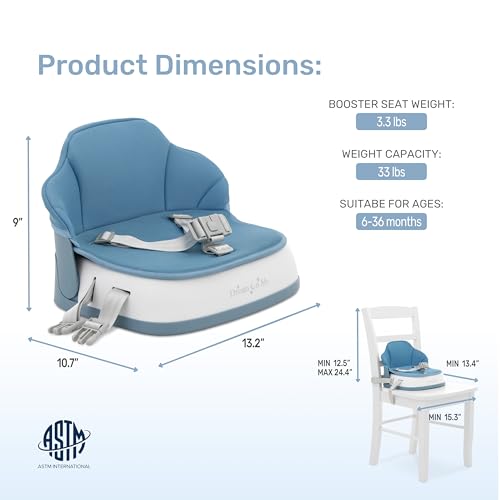 Image of Dream On Me Cozy Pod Baby Booster Seat for 6-36 Months, Portable Travel Booster Chair with 3-Point Safety Harness & 2 Fixing Belts, for Table & Dining, Lightweight Foldable & Easy to Carry - Blue
