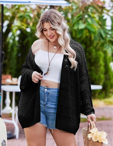 Image of IN'VOLAND Womens Plus Size Crochet Cardigan Lightweight Long Sleeve Open Front Oversized Boho Sweaters Kimonos