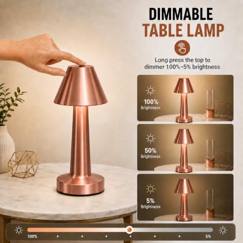 Image of One94Store Rechargeable LED Table Lamp with Touch Control | Cordless Portable Desk Lamp, 3 Color Dimmable Lighting | Rose Gold Metal Lamp for Bedroom, Living Room, Restaurant, Study, Cafe & Home Decor