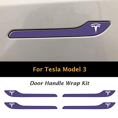 Image of IPG Compatible for Model 3 / Model Y /Juniper Door Handle Decal Sticker Wrap Kit (Set of 4) with Tesla Logo Personalize Your Tesla (Lavander)