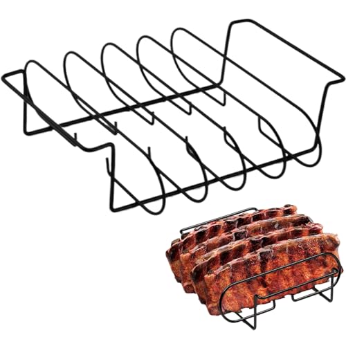 Hbbgdiy Non-Stick Carbon Steel Rib Rack for Smoking and Grilling, Vertical Beef, Pork & Chicken Rack for Outdoor Smoker, BBQ Grill, Jerky & Burger Holder Accessory