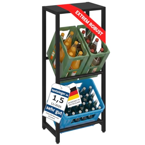 STEELSØN Macondo Getränkekistenregal mit Ablage – stabiles & platzsparendes Getränkeregal für 2 Kisten –Kistenregal Schwarz Metall – Kastenständer für Getränkekisten & Obst – Bierkisten Regal