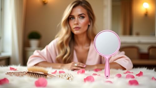 Image of Handheld Makeup Mirror with Magnification, for Desk Make Up, Magnifying Hand Held Mirror (TRANSPRENT Pink Mirror)