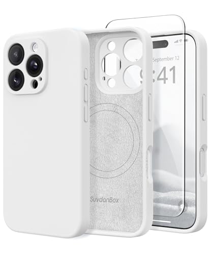Image of Magnetic for iPhone 16 Pro Case, Compatible with MagSafe, [Full Camera Protection][Screen Protector] Silicone Shockproof Protective Phone Case for iPhone 16 Pro 6.3 inch, White