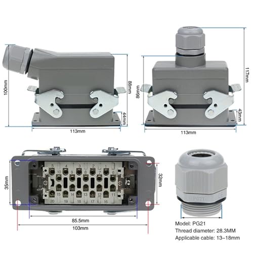 Conector industrial HDC-HE-020 resistente con núcleo de 20 pines para corriente 16A 3