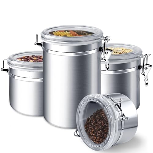 Comparison: Best Canister Sets For Kitchen 6 ENLOY 4-Piece Stainless Steel Airtight Food Storage Canister Set with Clear Lid, Containers Sets for Kitchen Counter for Sugar, Flour, Tea, Candy, Cookie, Spice, 28/32/38/65 oz
