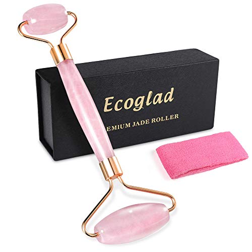 Jade Roller for Face, 100% Real Rose Quartz Jade Facial Roller, Jade Roller Massager with Double Ends Anti-Aging Therapy & Skincare Tool for Face & Body, Free Headband Included, Pink