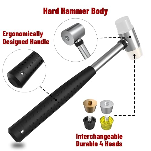 Image of Small Brass Hammer with 4 Interchangeable 1-Inch Heads: Brass, Nylon, Aluminum, Rubber, Hammer Mallet for Jewelry, DIY Projects and More (2 Pack)