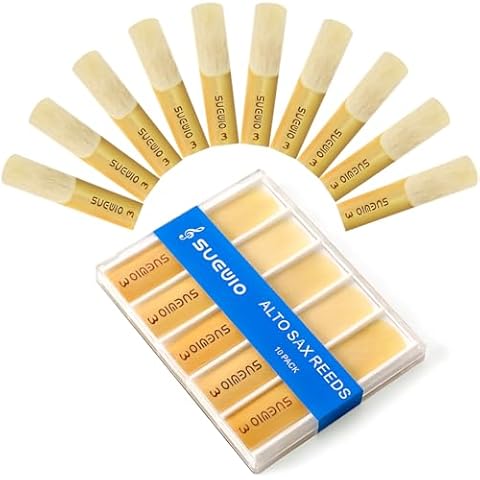 SUEWIO 10 Pack Alto Saxophone Reeds, Strength 3.0, Traditional Alto Sax Reeds with Portable Case, Thinner Reed Tip & Unfiled Cut Design, Perfect for Experienced Saxophone Players Cover