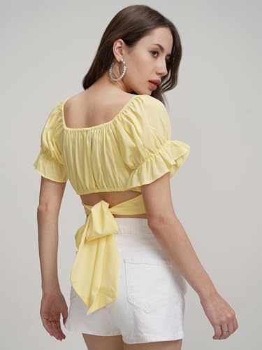 Image of Tokyo Talkies Women's Puff Sleeves Styled Back Crop Top | Cinched Waist | Feminine & Trendy | Perfect for Casual & Day Outings | Tops for Woman | Women Tops | Women Crop Top