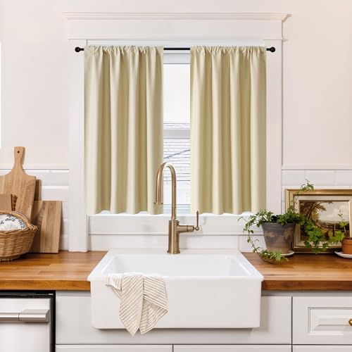 Image of RYB HOME 100% Blackout Short Curtains for Small Window, Thermal Insulated Total Room Darkening Noise Reducing Curtains for Kitchen Bathroom RV Cars, 29 inches Wide by 36 inches Long, Biscotti Beige