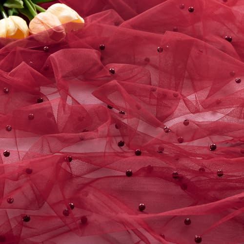 Image of MLMC Red Pearl Table Runner Boho Rustic Tulle Table Runner with Pearls 10ft 29 inchx120 inch Cheesecloth Table Decor for Wedding Bridal Shower Anniversary Home Decoration