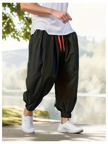OYOANGLE Men's Baggy Jogger Pants Drawstring Waist Loose Fit Tapered Hippie Trousers2