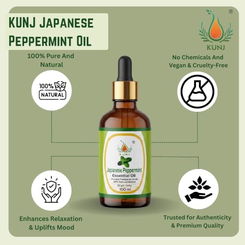 Image of KUNJ Japanese Peppermint Essential Oil 100ml - 100% Pure & Natural Undiluted Steam Distilled Oil for Hair Care, Scalp Massage, Aromatherapy, Diffuser, Skin Care & DIY Blends