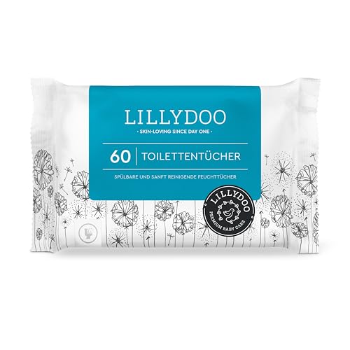 Lingettes toilettes LILLYDOO, 60 pièces, jetables dans les WC, tissu 100% sans plastique et sans parfum