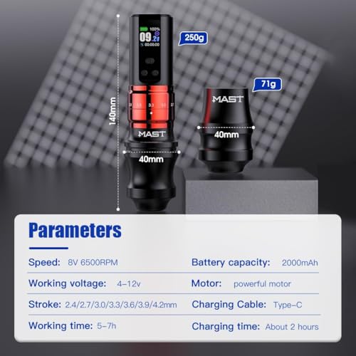 Image of Mast Fold2 Pro Wireless Tattoo Machine, Rotary Tattoo Gun Pen, 2 Grips 40mm & 44mm, Mcore-C1 Powerful Motor, 7 Strokes Length (Red + Extra Grip)