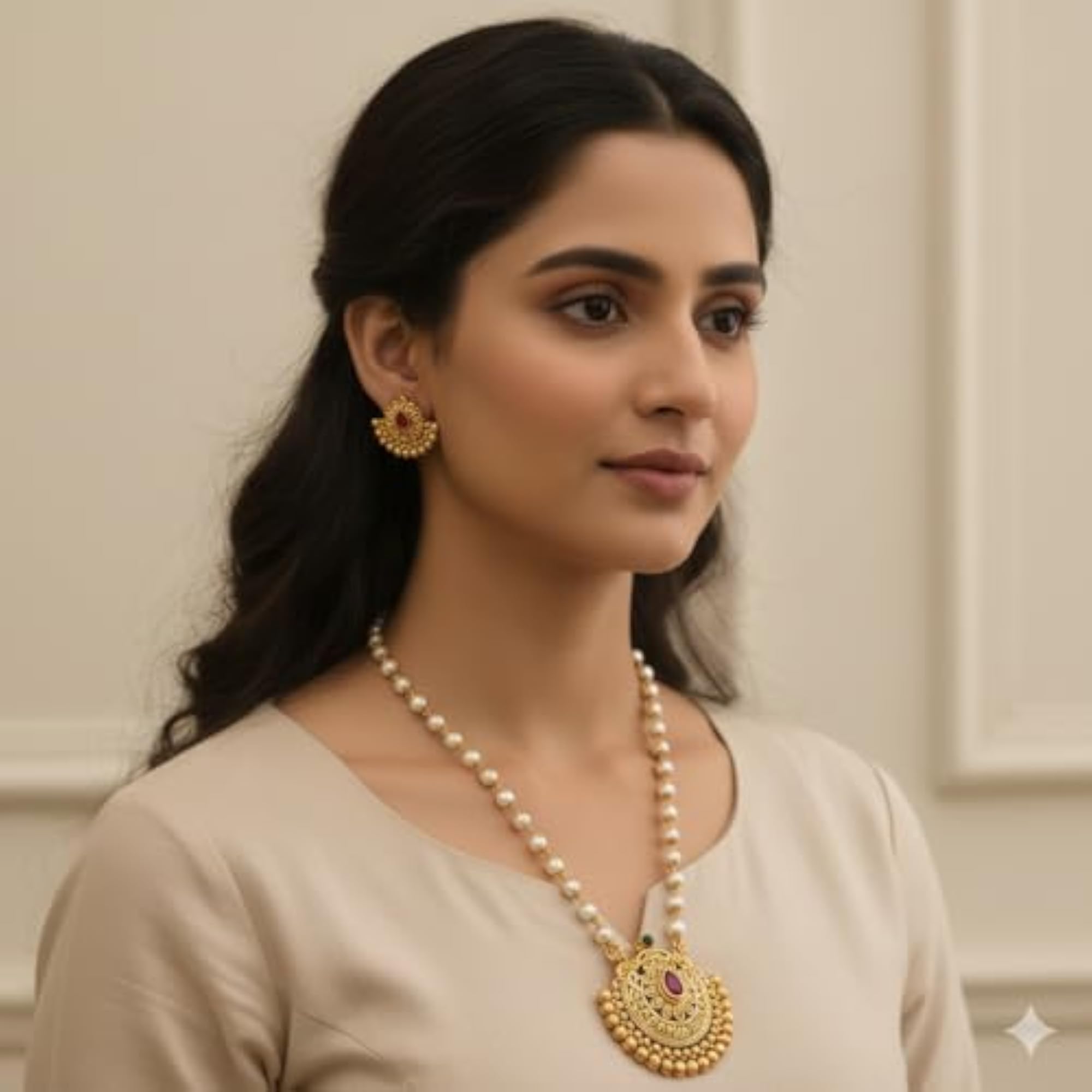 Traditional Moti Off White Mala Necklace Set with Earrings