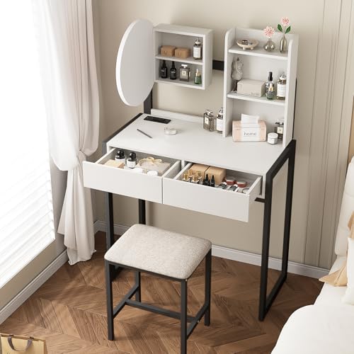 Image of Small Vanity Desk with Mirror and Lights, Makeup Vanity Table with LED Mirror, 3 Lighting Modes, Power Outlet, Drawer, Open Shelves and Cushioned Stool for Bedroom (Black)