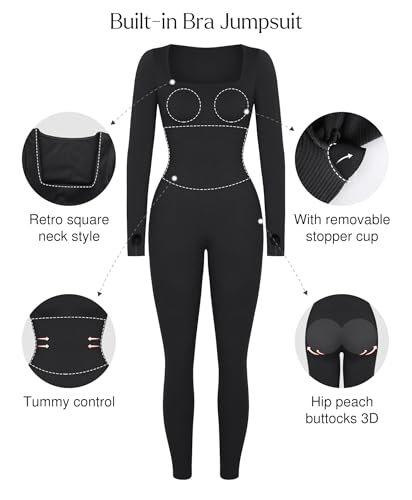 Popilush Jumpsuits for Women Long Sleeve Built-In Bra Square Neck Full Length Leggings Bodycon Stretch Workout Outfits