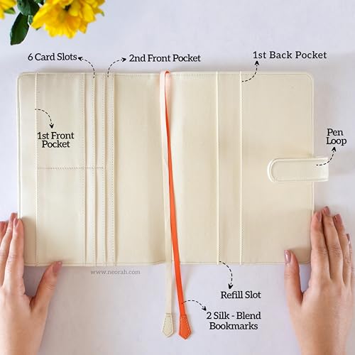 Image of NEORAH - A5 Notebook Sleeve with Loop + Dotgrid Journal | Faux Leather Sleeve + Penloop | 2 Front 1 Back Compartment | 6 Card Slots| 2 Bookmarks| Gift Box-Fits Any A5 Softcover Notebook -AFTERGLOW.