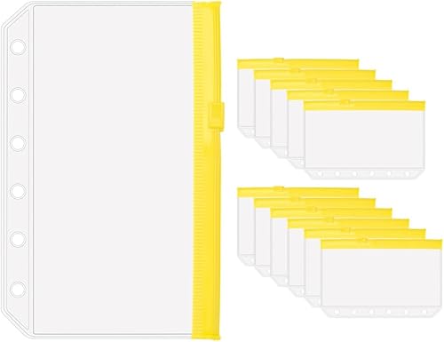 Bolsillos para carpeta A7, 12 unidades, 6 agujeros, bolsillos con cremallera, sobres amarillos con cremallera, tamaño de bolsillo, hojas sueltas con