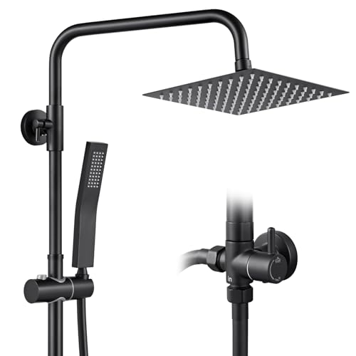 Auralum Colonne de Douche Sans Mitigeur Noir Mat en Laiton, Colonne Télescopique 68-108cm avec Tête de Douche Carrée 8', Douchette Carrée et Flexible PVC, pour Baignoire et Salle de Bain