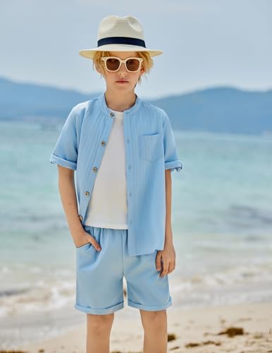 Image of Arshiner Boy's 2 Piece Beach Outfit Short Sleeve Textured Button Down Shirt and Short Sets Summer Vacation Wear 4-12 Years