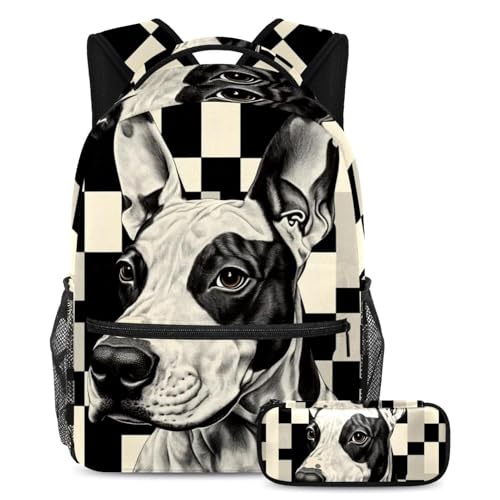 Sac à dos Art Check chien noir blanc grand pour le collège et lycée avec trousse
