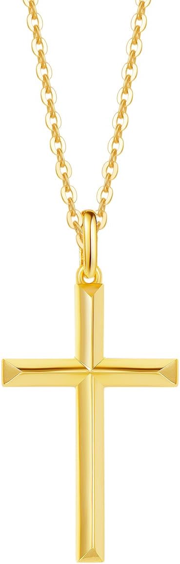 FANCIME Yellow Gold Plated 925 Sterling Silver Beveled Cross Pendant Necklace Dainty Fine Delicate Jewelry Gifts for Women 18 INCHES