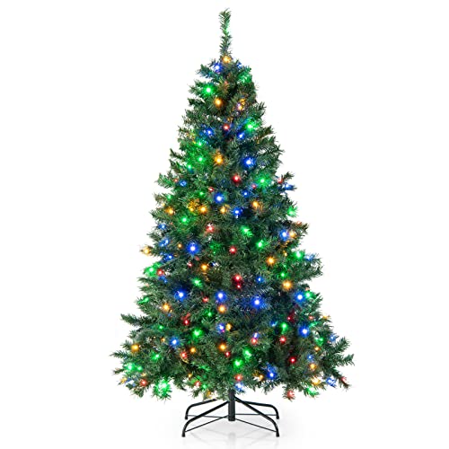 Goplus 6ft Artificial Pre-Lit Christmas Tree, 3-Minute-Setup Hinged Full Xmas Tree with 260 Multi-Color LED Lights, 666 Branch Tips, Foldable Metal Stand, for Indoor Home Office Decor