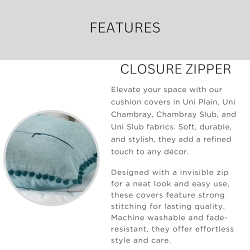 Image of 100% Cotton Pom Pom Cushion Without Filler, Elegant & Modern Cushion Cover for Living Room, Rectangle, 12 inchx20 inch, uni Chambray, Set of 2 - Teal Green