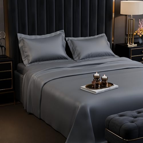 Image of Stoa Paris 350TC Luxstre Cotton Super King Flat Bedding Set for King & Double Size Beds with 2 Pillow Covers, 274cm x 274 cm Bedsheet, All-Season Comfort, Breathable, Home Decor, Panache - Grey