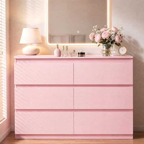 Orgobysol 6 Drawer Double Dresser for Bedroom Modern Simply Chest of Drawers Wood Storage Dresser with Anti-Tipping for Living Room Hallway Entryway Nursy Pink (15.3 D x 47.2 W x 32.3 H)