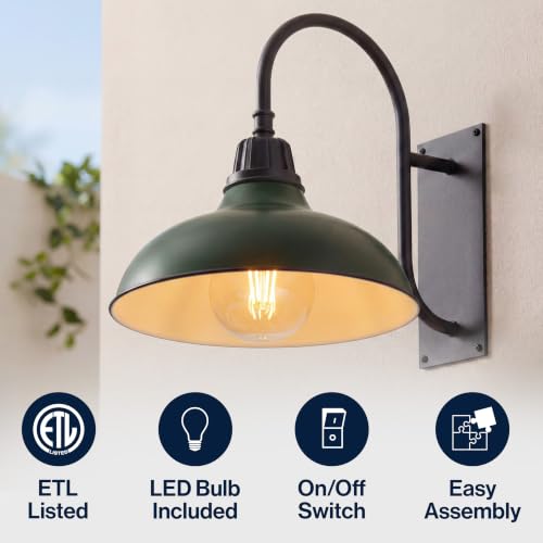 Image of JONATHAN Y Stanley 12.25 inch Black and Matte Green Metal Gooseneck Barn Sconce