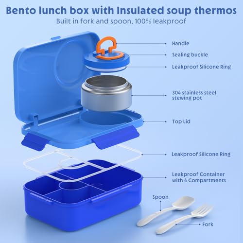 Image of DaCool Upgraded Kids Lunch Box with Thermo for Hot Food 1400ml Child Bento Box for Kids with 5oz Small Thermo for Boys Girls with Fork Spoon Leakproof for Dining Out School Work Picnic, Blue
