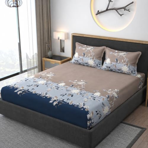 Image of Vaini Premium Heavy Cotton Elastic Fitted Bedsheets with 2 King Size Pillow Covers || Double Bed with All Around Elastic 350 (Blue Tricolor, 72x72 Inch King Fitted)