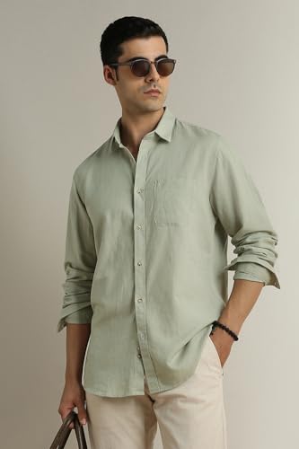 Image of Peter England Men's Solid Linen Blend Shirt Slim Fit| Casual Wear | Full Sleeves