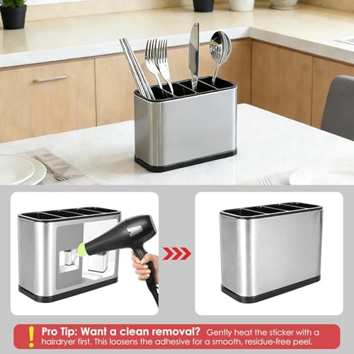 Image of Large Stainless Steel Spoon Stand for Kitchen Steel Cutlery Stand Spoon Organizer for Kitchen Countertop Cutlery Holder for Forks Spatula Knives Spoon Holder Rustproof Durable