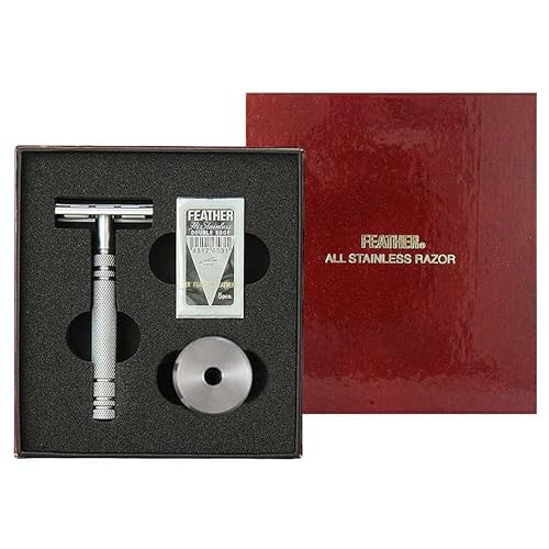 Feather - All Stainless Steel Double Edge Safety Razor AS-D2S - Single Edge Razor - Stainless Steel Stand & Handle with Perfect Weight & Balance - Includes 5 Blades - Made in Japan