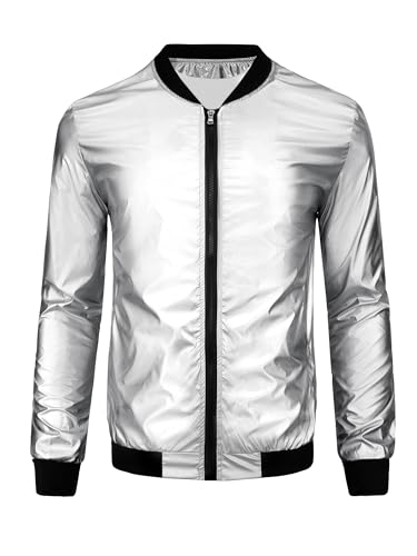 Lars Amadeus Holographic Baseball Jacket for Men's Zipper Disco Bomber Metallic Jacket