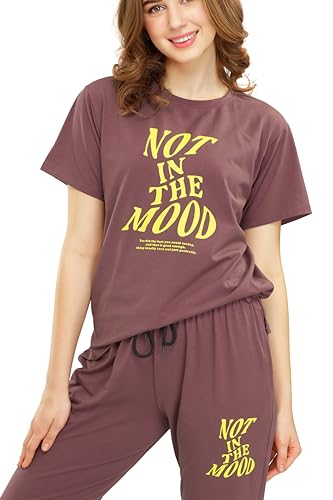 Image of ZEYO Women's Cotton Typography Wide Bottom Night Suit Set of Top & Pyjama