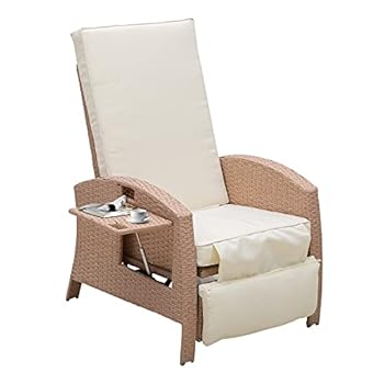 Alternative view of Outsunny Patio Recliner, Outdoor Reclining Chair with Flip-Up Side Table, All-Weather Wicker Metal Frame Chaise with Footrest, Cushions, Beige