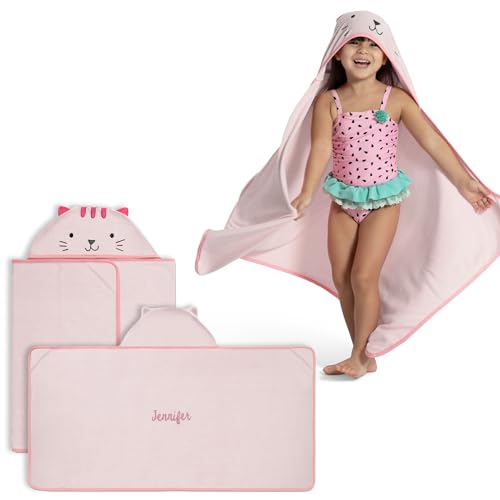 Image of Delta Children Personalized Kids Hooded Bath Towel with Pockets - Super Soft and Absorbent- Great Gift for Boys and Girls, Pink Cat
