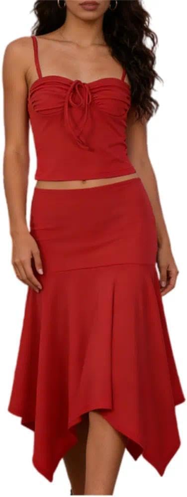 Summer Skirt Sets Women 2 Piece Outfits Cami Top & Ruffle Midi Skirt Set Sexy Two Pcs Vacation Outfit Going Out