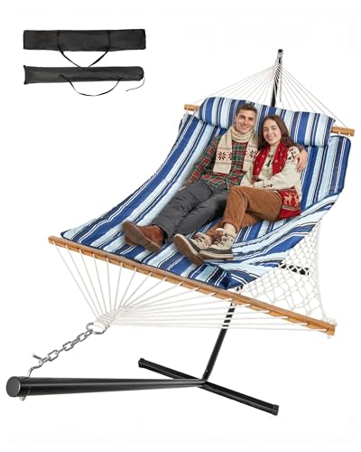 Everyfun 2 Person Outdoor Hammock with Stand, Cotton Rope Hammock with Polyester Pad, Adjustable Steel Frame, Portable with Carrying Bag – for Patio, Backyard, Garden, Beach, Blue
