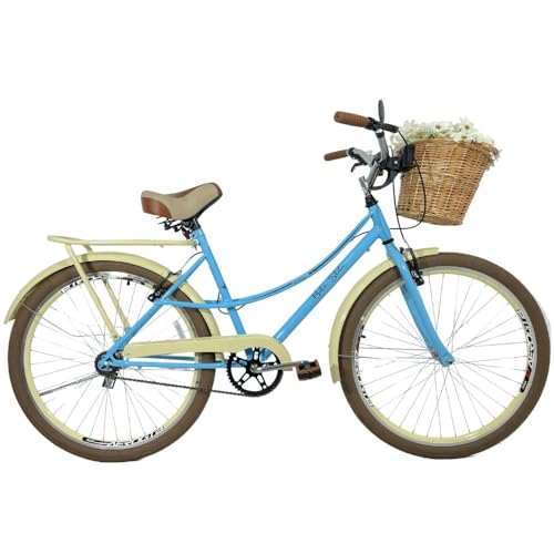 Bicicleta Retrô Vintage Aro 26 Cesta Vime Feminina Azul/Bege