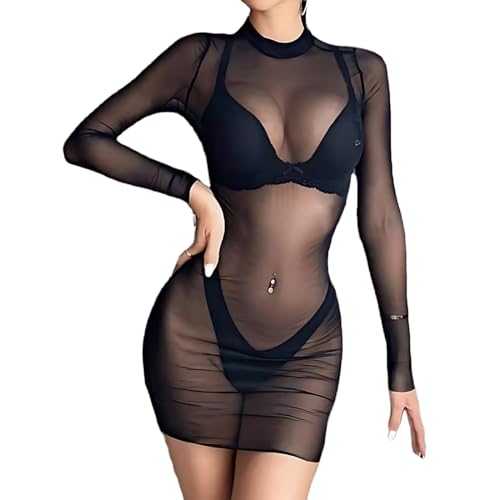 BCHKO Sexy Intimo Donna, Mini Abito Attillato in Rete Trasparente con Maniche Lunghe, Babydoll per Discoteca e Spiaggia, Camicetta Estiva Aderente, Lingerie Completino Hot Body (Lunghezza gonna 75)